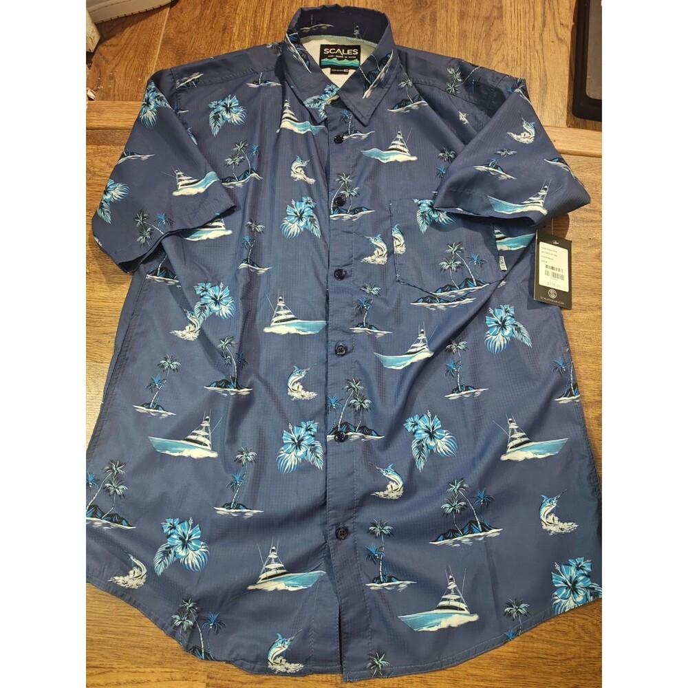 NWT Scales Fishing Sailing Nautical Button Up Spotify Shirt Mens Medium Blue